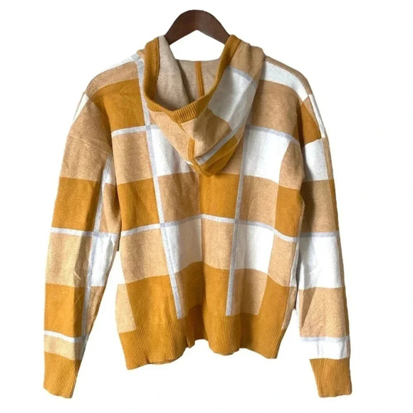 RACHEL ROY | Plaid Print Mustard/White Hooded Pullover Knit Sweatshirt Size L - Picture 2 of 7